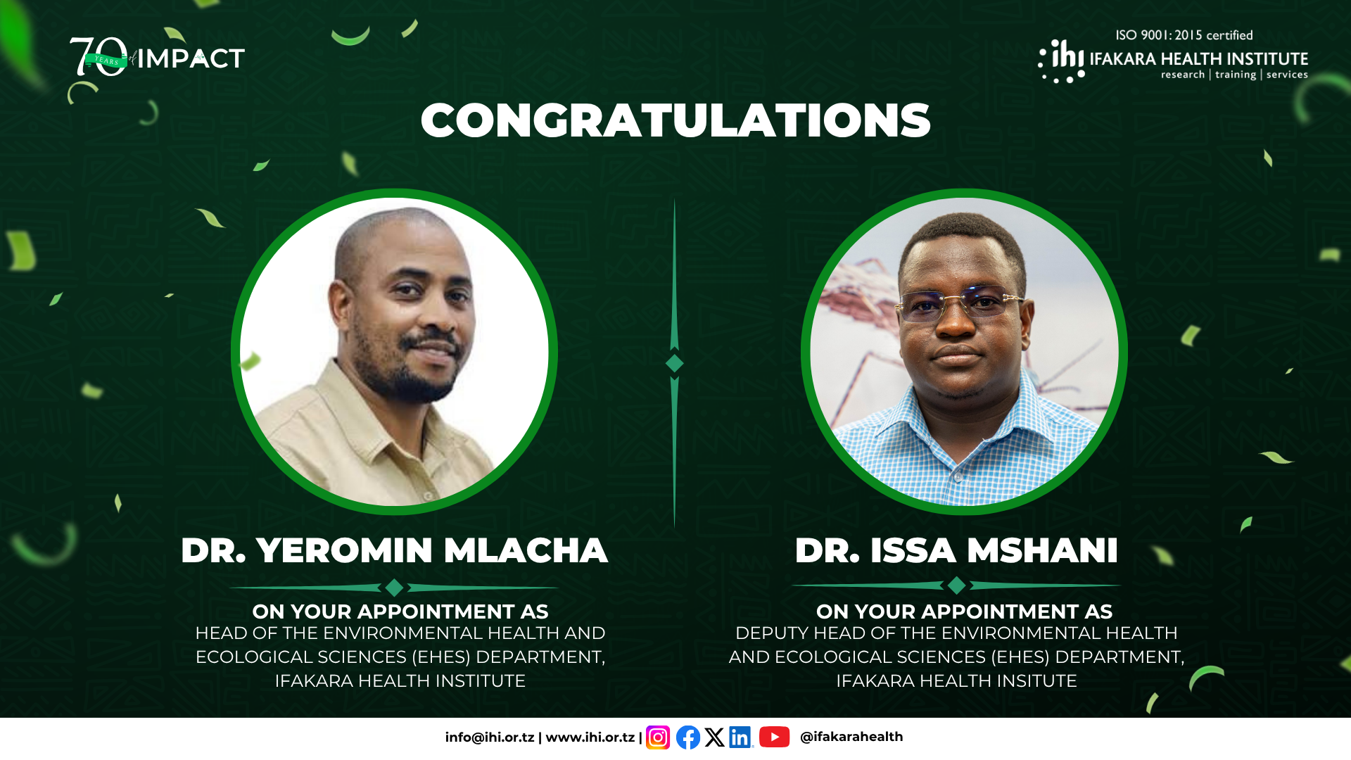 APPOINTMENTS:  Ifakara appoints new leadership for Environmental Health and Ecological Sciences Department