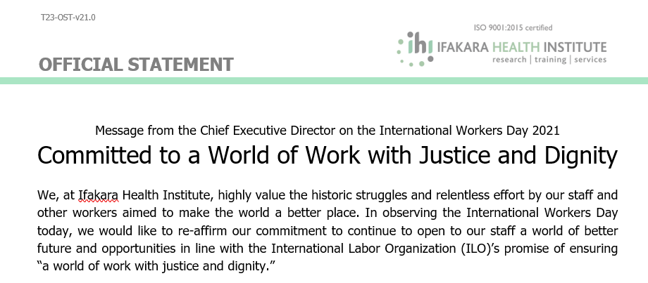 WORKERS DAY 2021 MESSAGE: We’re committed to a world of work with justice and dignity